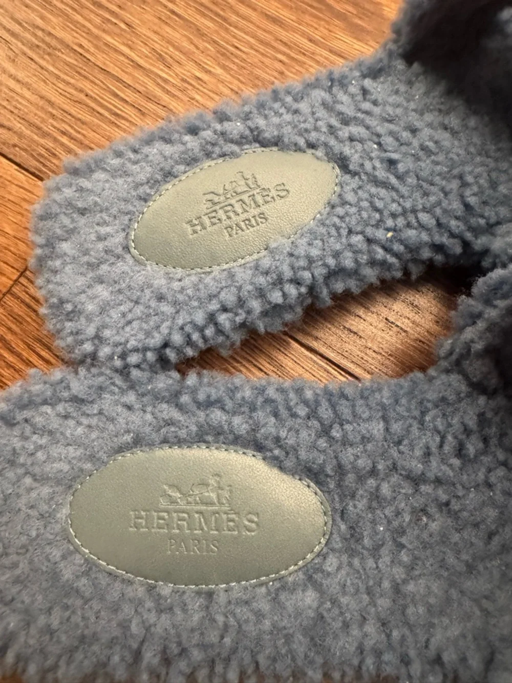 Hermes Blue Fuzzy Shearling Slide Sandals